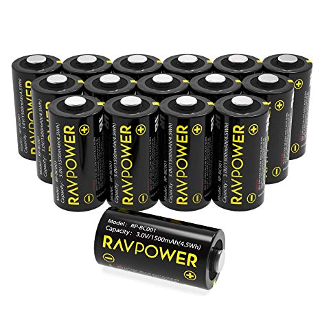 CR123A 3V Lithium Battery RAVPower Non-Rechargeable Lithium Batteries, 16-Pack, 1500mAh Each, 10 Years of Shelf Life for Arlo Cameras, Polaroid, Flashlight, Microphones [CAN NOT BE RECHARGED]