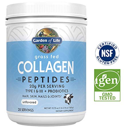 Garden of Life Grass Fed Collagen Peptides for Hair Skin Nails & Joints - Unflavored Powder, 28 Servings - 20g Type I & III Peptides Plus Probiotics - Certified NSF Gluten Free, Keto & Paleo