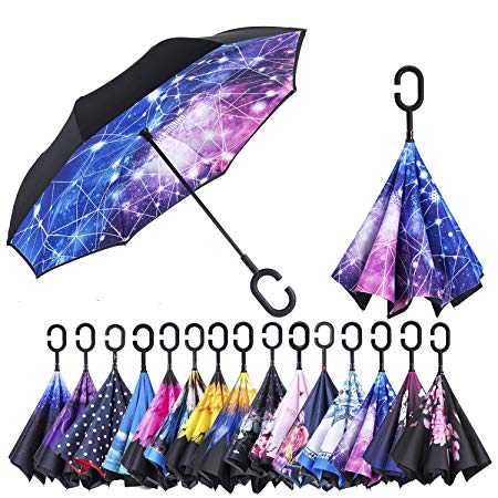 AmaGo Inverted Umbrella – Reverse Double Layer Long Umbrella, C-Shape Handle & Self-Stand to Spare Hands,Carrying Bag for Easy Traveling (Constellation)