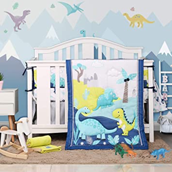 Joyreap Crib Bedding Set for Boys n Girls, 3 Piece Dinosaur Theme Navy Baby Nursey Set- Includes Crib Comforter, Fitted Crib Sheet, Dust Ruffle