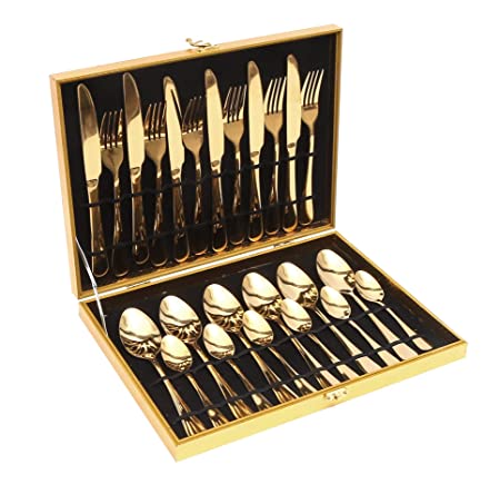 Lightahead 24pcs Stainless Steel Flatware Tableware Gold Colored Cutlery Set in attractive Golden Gift box (Golden)