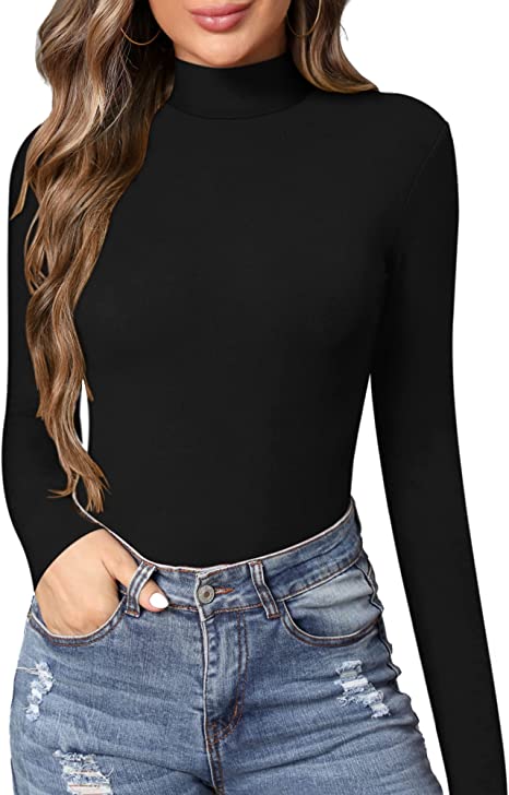 MANGOPOP Women's Mock Turtle Neck Slim Fit Long Sleeve T Shirts Tight Tops Tee