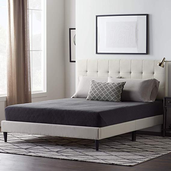 LUCID Upholstered Bed with Square Tufted Headboard -Linen Inspired Fabric –Sturdy Wood Build –No Box Spring Required Platform, Twin XL, Pearl