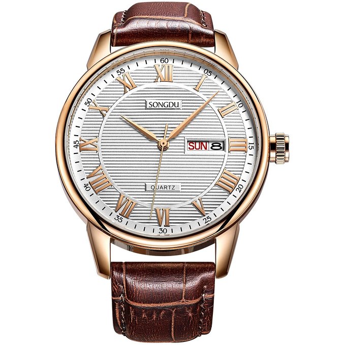 SONGDU Men's Business Casual Day Date Rose Gold Watch White Dial Brown Calfskin Leather Strap