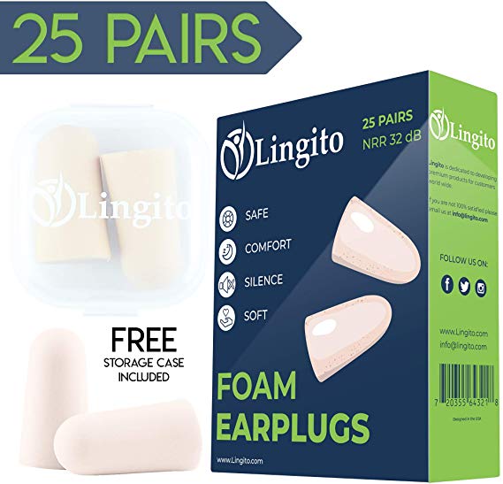 Lingito 25 Pair Soft Foam Earplugs | NRR 32 dB Small & Comfortable Ear Plugs for Sleeping, Snoring, Studying, Loud Events, Traveling & More! | Plastic Case Included
