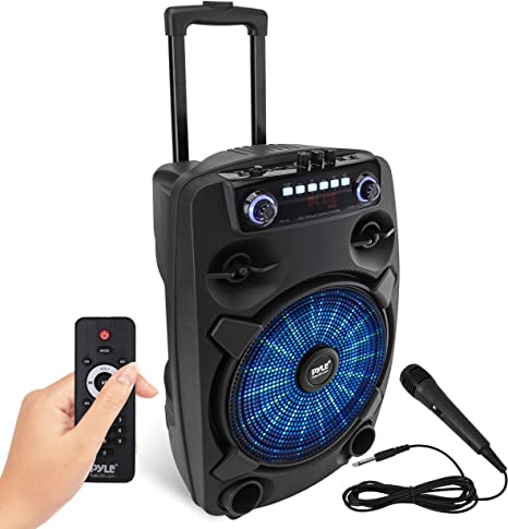 Portable Bluetooth PA Speaker System - 800W 12” Outdoor Bluetooth Speaker Portable PA System - Party Lights, USB SD Card Reader, FM Radio, Rolling Wheels - Wired Microphone, Remote - Pyle PPHP127B