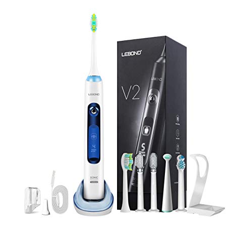 Lebond V2 Electric Toothbrush, Power Rechargeable Sonic Toothbrush Kits with Holder, Automatic Timer, 15 Brushing Levels, 6 Replacement Heads for Adult, Kids, Travel, Blue