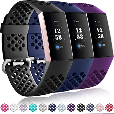 Getino Sport Bands for Fitbit Charge 4 and Fitbit Charge 3, Soft, Waterproof and Durable TPU Breathable Wristbands, Replacement Strap with Air Holes for Women Men,Large Black/Navy/Purple