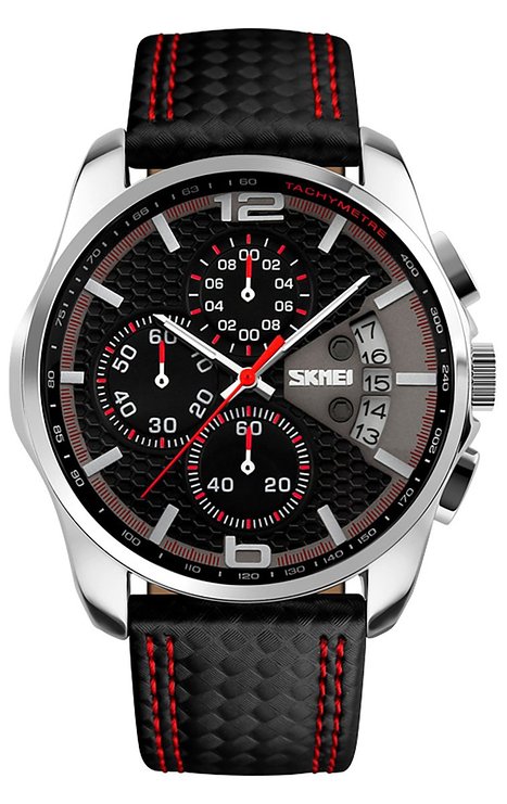 Voeons Men's Watches Chronograph Black Leather Quartz Sports Casual Wrist watch 9106