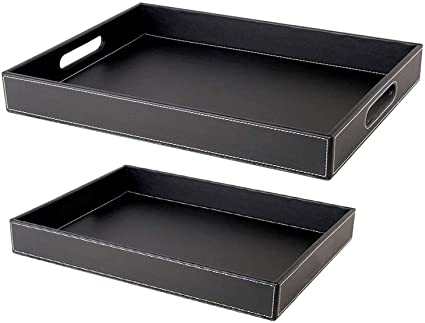 Jolitac 2-Pack Elegant Black Serving Tray with Handles, Large 16"x12" PU Leather Decorative Tray, Table Countertop Storage Organizer Plate Coffee, Perfume, Keys, Jewelry Tray for Hotel or Home Use