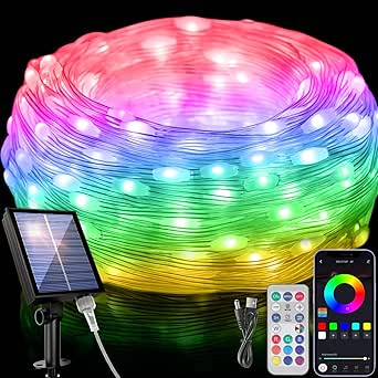 Solar Smart String Lights 16FT/5M [APP & Remote Control], 50 LEDs RGB-IC Fairy Lights, 99  Modes & Music/Voice Sync Color Change, Waterproof Fairy String Lights for Outdoor, Garden, Party