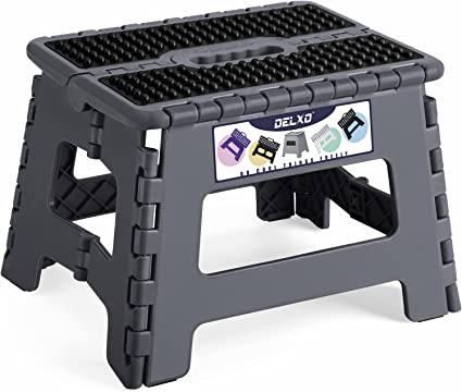 Delxo 9" Folding Step Stool for Kids and Adults,Non-Slip Foldable Step Stools with Handle,Plastic Portable Folding Stool for Bathroom,Bedroom,Kitchen,Hold up to 300lbs Grey