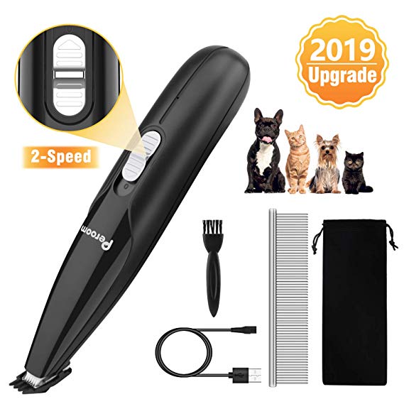Peroom Dog Clippers, Professional 2-Speed Dog Grooming Clippers Kit, USB Rechargeable Low Noise Cordless Electric Pet Clippers for Small Dogs and Cats Hair Around Face, Paws, Eyes, Ears, Rump