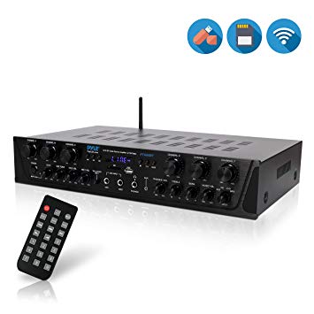 Wireless Home Audio Amplifier System - Bluetooth Compatible Sound Stereo Receiver Amp - 6 Channel 600Watt Power, Digital LCD, Headphone Jack, 1/4'' Microphone In USB SD AUX RCA FM Radio - Pyle PTA66BT