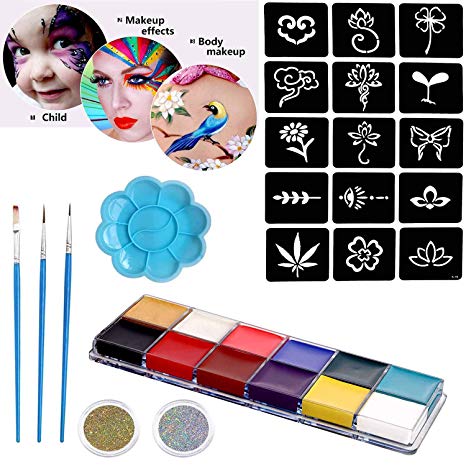 COKOAHPPY Professional Face & Body Paint Kit - 12 Vivid Color Paints (oil-based), 15 Stencils, 3 Brushes, 2 Boxes Laser Gold & Silver Chunky Glitter, 1 Palette