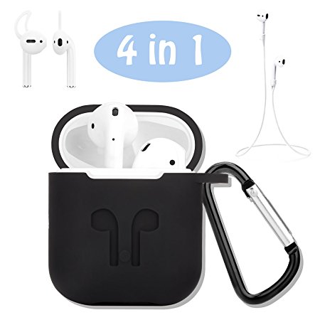 Airpods Case, Airpods Strap, Airpods Ear Hooks, Airpods Silicone Protective Cover with Earphone Sports Anti-lost Strap with Silicone Protective Earhooks, Airpods Replacement Accessories (Black)