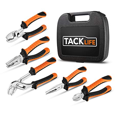 TACKLIFE 5 Piece Pliers Set, High-Density Chrome Plated Finish and High Shear Force, Suitable for Multiple Thread Screwing, Portable Carrying Case Included, HPS1A