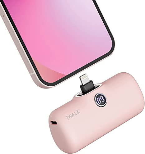 iWALK LinkPod Portable Charger 4800mAh Power Bank Fast Charging and PD Input Small Docking Battery with LED Display Compatible with iPhone 14/14 Pro Max/13/13 Pro Max/12/12 Pro/11/X/8/7/6,Pink