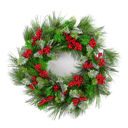 Naice PVC Pine Tips Christmas Wreath with Red Berries, Snowflakes, Holly Leaves 20-inch