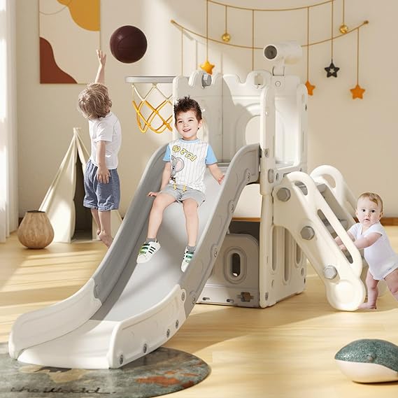 Glaf Toddler Slide Set Outdoor Playset Indoor Playground 6 in 1 Kids Slides for Backyard Baby Slide Climber Slides with Telescope Basketball Hoop Tunnel Storage Space and Ball (Grey)