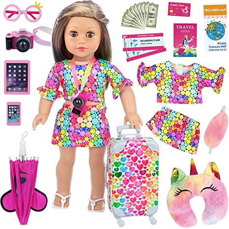 Ecore Fun 24 Pcs American 18 Inch Girl Doll Accessories Doll Travel Suitcase Play Set Included Travel Carrier Clothes Camera Phone Travel Pillow Passport Tickets Cashes Credit Card Map Umbrella