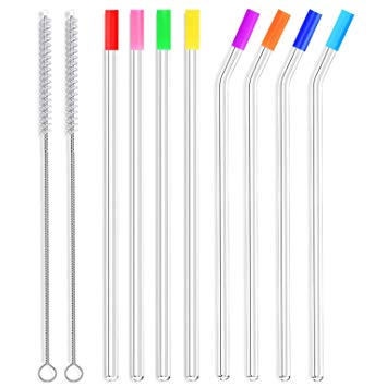 ALINK Skinny Clear Glass Straws, 10.5" x 7 mm Long Reusable Drinking Straws for 30 oz RTIC/YETI Tumblers, Starbucks Cups, Mason Jars, Pack of 8 with Cleaning Brush and Silicone Tips