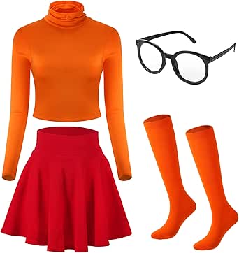 SATINIOR Halloween Women Costume Set, Orange Turtleneck Mini Stretch Flared Skirt, Turtleneck Crop Top, High Socks, Glasses