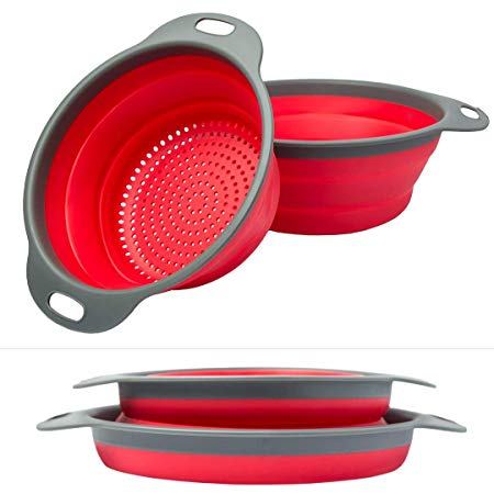 Miswaki Collapsible Colanders with Handles (2 Pc. Set) Round Kitchen Sink Strainers | Heat-Resistant Silicone | Stackable, Space-Saving Design | Pasta, Vegetables, Hot Water (Red)