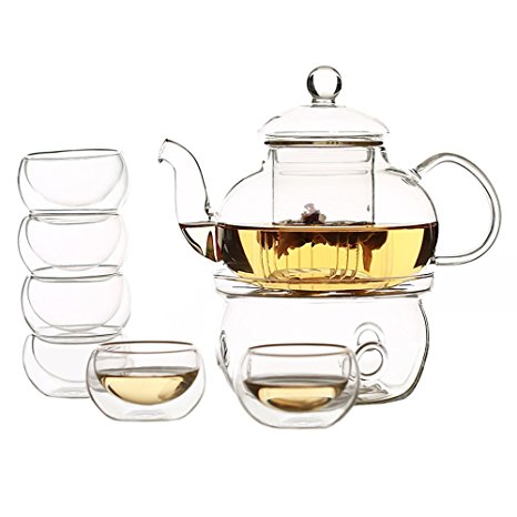 Zen Room 22oz Lead Free Heat Resistant Borosilicate Glass Tea Pot with Infuser, Warmer and 6 Double Walled Borosilicate Glass Tea Cups 2oz/ Dishwasher Safe