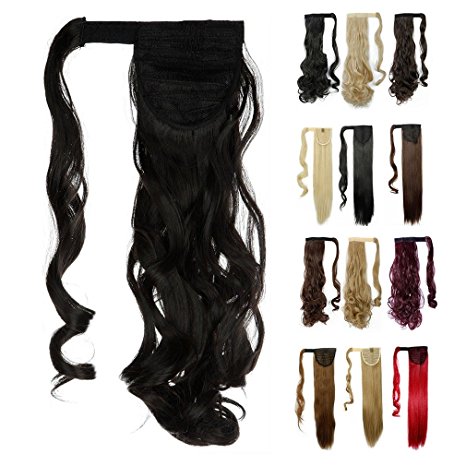 Wrap Around Synthetic Ponytail One Piece Heat Resistant Magic Paste Pony Tail Long Wavy Curly Soft Silky for Women Lady Girls 17'' / 17 inch (natural black)