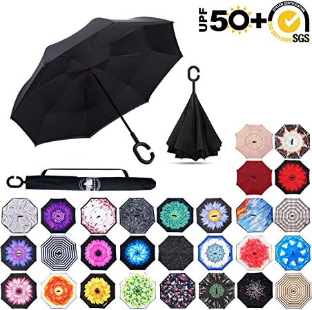 ABCCANOPY Inverted Umbrella,Double Layer Reverse Windproof Teflon Repellent Umbrella for Car and Outdoor Use, UPF 50  Big Stick Umbrella with C-Shaped Handle and Carrying Bag