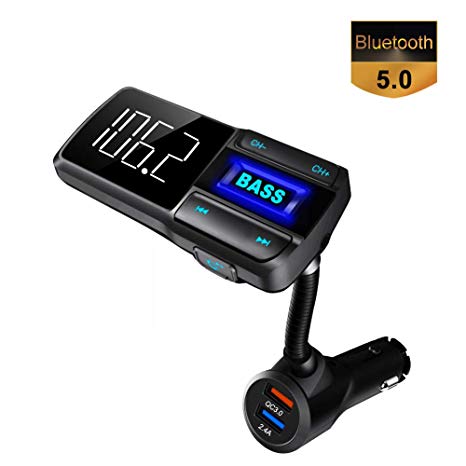 Bluetooth 5.0 Cingk Bluetooth FM Transmitter for Car Wireless Bluetooth Transmitter Quick Charge 3.0, Bass Effect, Large Screen Display, Free Hands for Safe Driving- Silvery Grey