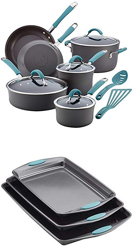 Rachael Ray Cucina Hard-Anodized Aluminum Nonstick Pots and Pans Cookware Set, 12-Piece, Gray, Agave with Rachael Ray Nonstick Bakeware Cookie Pan Set, 3-Piece, Gray with Agave Blue Silicone Grips