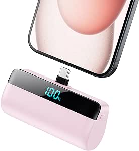 Mini Portable Charger with USB-C Connector 5200mAh,Compact LCD Display Power Bank,Cute Battery Pack Compatible with iPhone 15/15 Plus/15 Pro/15 Pro Max, Samsung S22/23, Android Phone,iPad etc-Pink