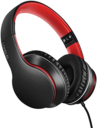 LORELEI X6 Over-Ear Headphones with Microphone, Lightweight Foldable Stereo Bass Headphones with 1.45M No-Tangle, Portable Wired Headphones for Smartphone Tablet MP3 / 4 (Black-Red