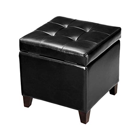 Adeco Bonded Leather Square Tufted Cubic Cube Footstool, 18" Height Storage Ottomans, With Lid, Black