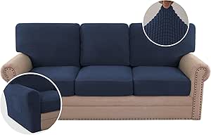 H.VERSAILTEX 2024 New Trend Multi-Pieces Sofa Covers Stretch Couch Covers Form Fitted Seats and Back Cushions Covers (3 Seat Covers Plus 3 Back Cusion Covers, Bonus 2 Armrest Covers), Navy