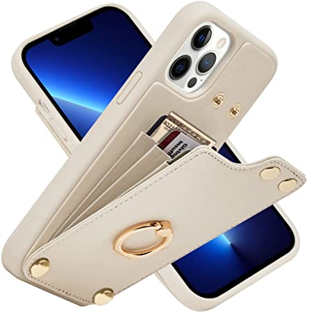 LAMEEKU Wallet Case Compatible with iPhone 13 Pro Max, Leather Case with Card Holder, 360°Rotation Ring Kickstand, RFID Blocking Protective Case Designed for Apple iPhone 13 Pro Max 6.7'' Beige