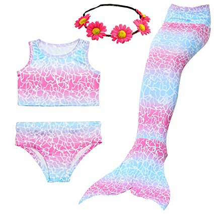 Camlinbo 3PCS Girls' Swimsuit Mermaid Tail for Swimming Tropical Bikini Halloween Christmas Gift Masquerade Pool Party