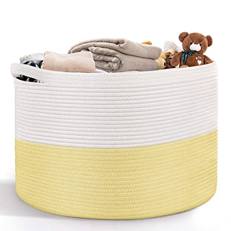 JOMARTO Cotton Storage Baskets,Extra Large of Laundry Baskets 21.7” x 21.7” x 13.8” 100% Woven Cotton Rope and Sturdy Heavy Handle, Storage Bins Store for Blankets Toys, Throws, Pillows, and Towels…