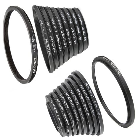 Filter Ring Adapter, K&F Concept 18pcs Camera Lens Filter Metal Stepping Rings kit (Includes 9pcs Step Up Ring Set   9pcs Step Down Ring Set) Black