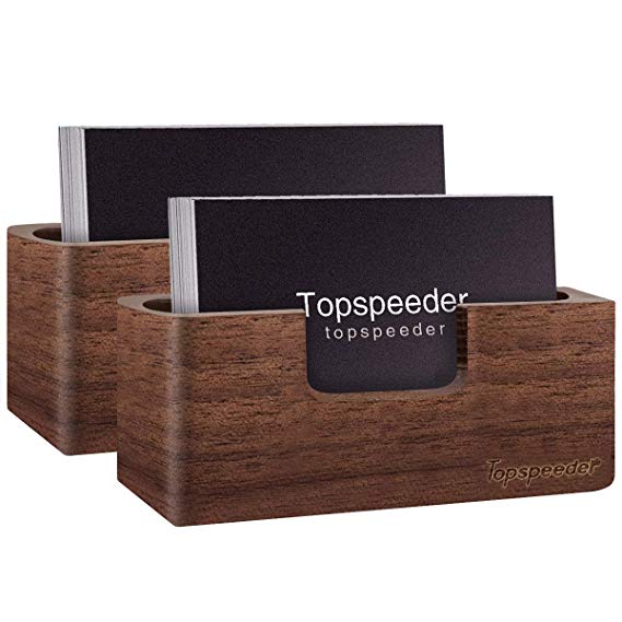 2 Pack Business Card Display Holder, Brown Walnut Wood Card Case for desk desktop, wooden Name Card Stand for Office, Name Card Holder for Tables Organizer index card filing