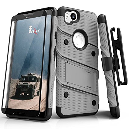 Zizo Bolt Series Google Pixel 2 Case - Tempered Glass Screen Protector with Holster and 12ft Military Grade Drop Tested (Gray & Black)