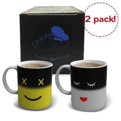 Magic Morning Coffee Mug -2 Pack Yellow and White- 12 Oz Heat Sensitive Color and Face Changing Ceramic Tea Cup By Chuzy Chef
