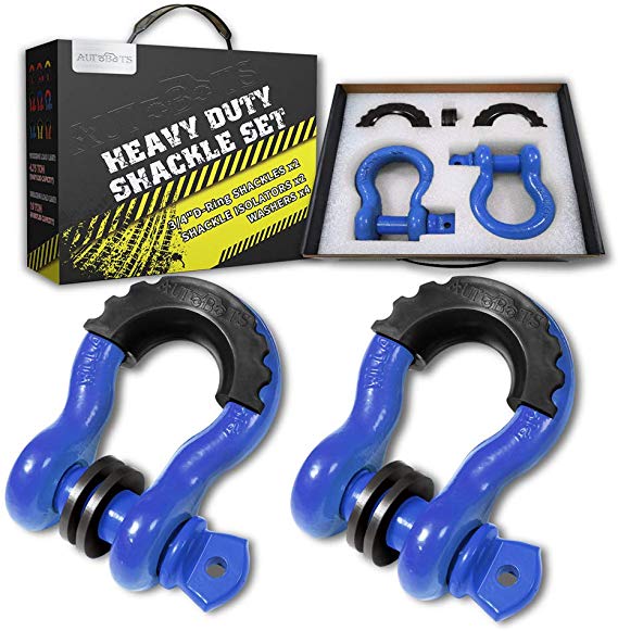 AUTOBOTS Shackles 3/4" D-Ring Shackle (2 Pack), 41,887Ib Break Strength Tow Shackle (Blue) with 7/8" Pin, 2 Black Isolator and 4 Washers Kit, Heavy Duty D-Ring for Off-Road Jeep Vehicle Recovery