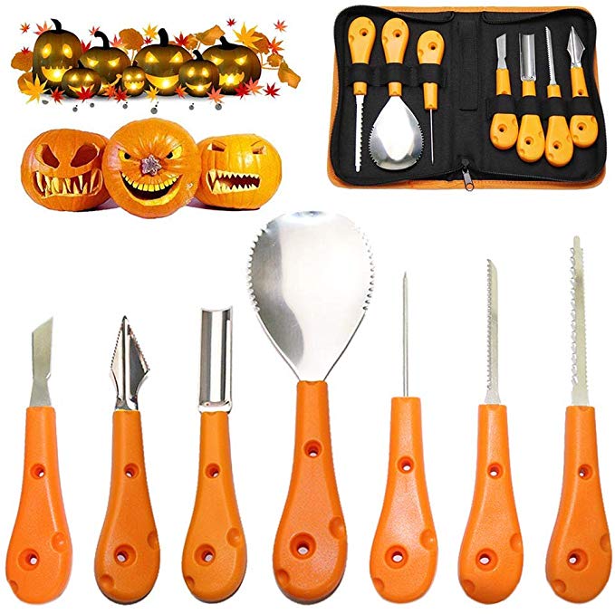 Halloween Pumpkin Carving Tool Kit, Premium 7 Piece Stainless Steel Pumpkin Carving Tools Set for Halloween with Storage Carrying Case - Pumpkin Color