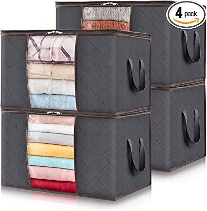 Lifewit Large Capacity Clothes Storage Bag Organizer with Reinforced Handle Thick Fabric for Comforters, Blankets, Bedding, Foldable with Sturdy Zipper, Clear Window, 4 Pack, 90L, Grey