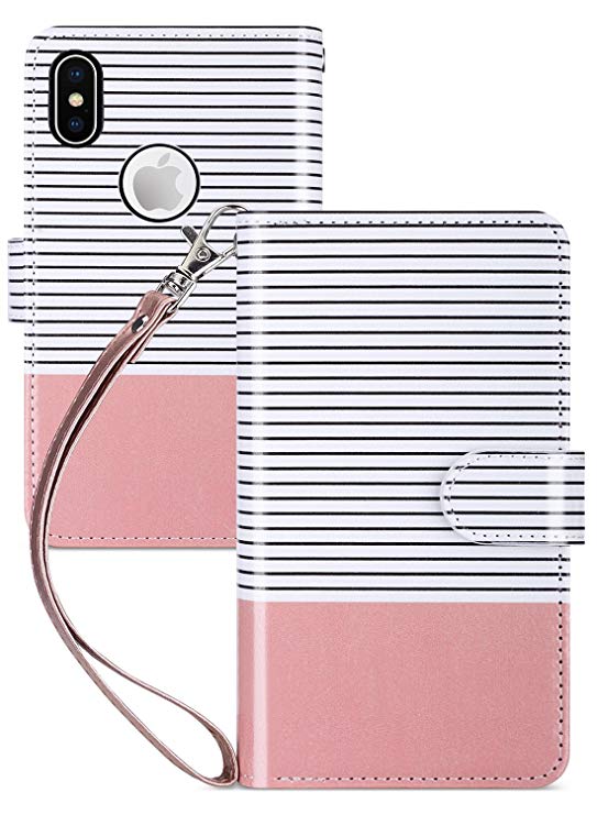 ULAK iPhone X Case, PU Leather Wallet Case with 9 Card Holders Hand Strap Flip Cover for Apple iPhone X 5.8 inch - Rose Gold/Black and White Stripes