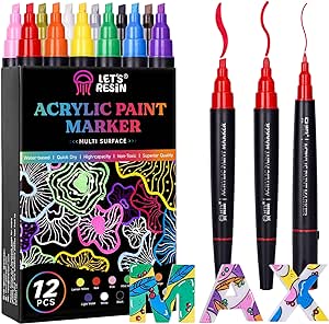 LET'S RESIN 12 Colors Acrylic Paint Markers, 3 Tips Multi-Purpose & High-Capacity Acrylic Paint Pens, Perfect Resin Supplies for Resin Crafts, Rock, Stone, Canvas, Glass, DIY Making Art Supplies