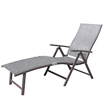 Crestlive Products Aluminum Beach Yard Pool Folding Recliner Adjustable Chaise Lounge Chair All Weather for Outdoor Indoor, Brown Frame (1 PC Black & Gray)